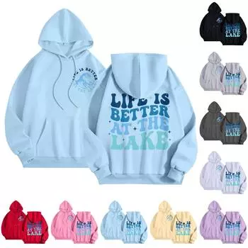 Графические толстовки с капюшоном для женщин Милый пуловер с длинным рукавом Опрятные толстовки с капюшоном с принтом букв Осень-зима L