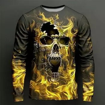 Графический Пламя Черепа Модный Дизайнер Повседневный Мужской 3D Принт Футболка Футболка Спортивная Футболка Для Отдыха На Открытом Воздухе Праздничная Футболка С Длинным Рукавом Круглый Вырез S жёлтый