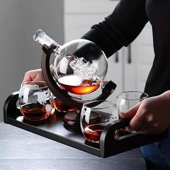 Графин для виски Globe Wine Aerator Glass Sets Inside Crystal с подставкой из тонкого дерева Графин для ликера для чашки водки Аксессуары для бара