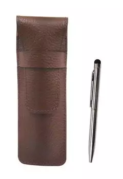 Grained chocolate color cowhide pen case Smartphone touch short metal rotary ballpoint pen set SASTYO-9A094A