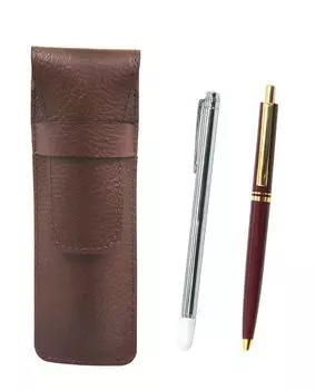 Grained Chocolate Color Cowhide Pencil Case Metal Indicator Stick and AP300 1965 Reproduction Metal Clip Ballpoint Pen Set Red 2-Pack Knock-type