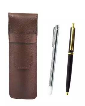 Grained Chocolate Color Cowhide Pencil Case Metal Indicator Stick and AP300 1965 Reproduction Metal Clip Ballpoint Pen Set Black 2-Pack Knock-type