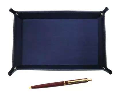 grained cowhide pen tray in blue and a reissued metal clip ballpoint pen set in red Japanese-made (AP300) 1960s-era knock-type (TRAL-AP300B-R)
