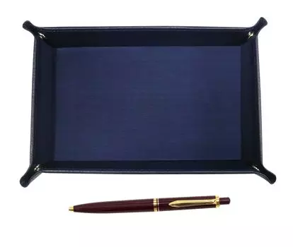 grained cowhide pen tray in blue with a brass insert and a red ballpoint pen set Japanese-made Euro-style (TRAL-NXB-R).