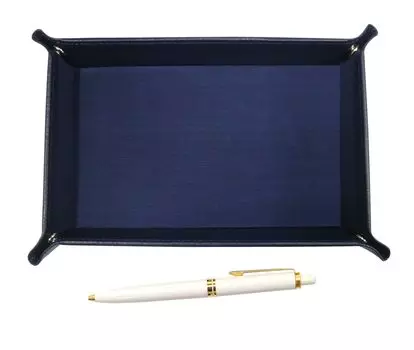grained cowhide pen tray in blue with a ballpoint pen set in white Japanese-made Euro-style brass-clamped (TRAL-NXB-W).
