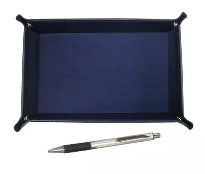 grained cowhide pen tray in blue with silver metal and pitch grip ballpoint pen holder Japanese-made (TRAL-WZS2062BP)