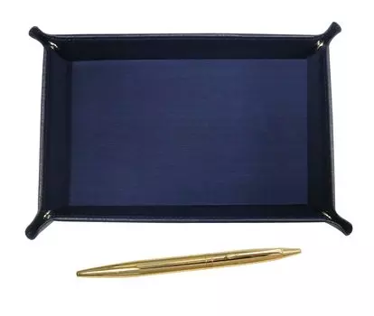 grained cowhide pen tray in blue with elegant gold rotating ballpoint pen set Japanese-made TRAL-DS2