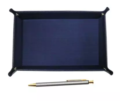 grained cowhide pen tray in blue with lizard finish and a retractable ballpoint pen set in gray Japanese-made (NQ26) all-metal (TRAL-NQ26B-H)