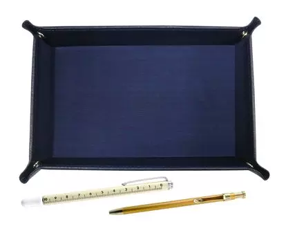 grained cowhide pen tray in slide measuring stick and slim 60 ballpoint pen in gold set Japanese-made blue, TRAL-708W-SV60KBP