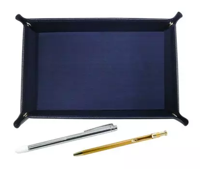grained cowhide pen tray in with a metal pointer and a slim 60 ballpoint pen in gold set Japanese-made blue, TRAL-701S-SV60KBP
