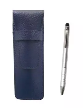 Grained Leather Pen Case Blue Smartphone Touch Rotating Ballpoint Pen Set Silver 2-Pack 9 SASL-TP04-2