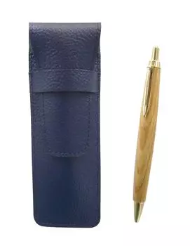 Grained Leather Pen Case in Blue with Maple Wood Barrel Retro Ballpoint Pen Set 2-Pack (SASL-HS47S-2)