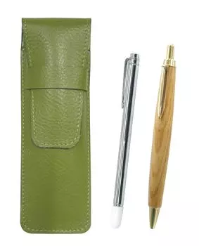 Grained leather pen case with metal pointer and retro maple wood ballpoint pen set yellow-green (SASKI-701S-HS47S)