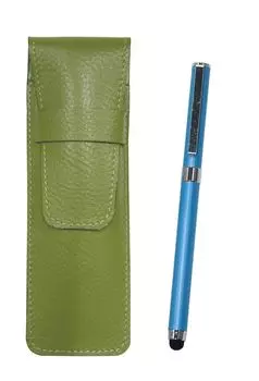 Grained leather pen case with smartphone touch function and metal cap ballpoint pen extra set yellow-green (blue) SASKI-QSJW700-L