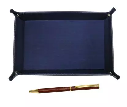 grained leather pen tray in blue with 403 wooden rotating ballpoint pens Japanese-made (TRAL-403)