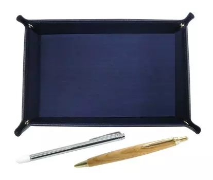 grained leather pen tray in with a metal pen holder and a retro maple ballpoint pen set Japanese-made blue, (TRAL-701S-HS47S)