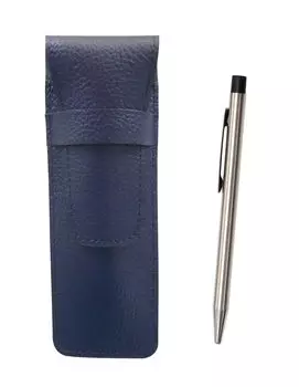 Grained leather pencil case blue economy stainless steel shaft retractable ballpoint pen set SASL-E402