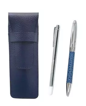 Grained leather pencil case blue Metal indicator stick and genuine leather wrapped rotating ballpoint pen director set Blue SASL-701S-PD03-L