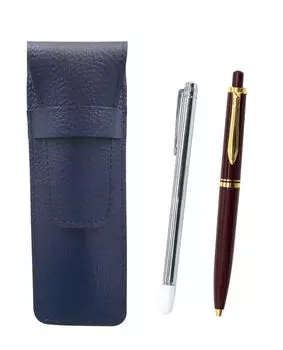 Grained leather pencil case blue Metal indicator rod and Euro style brass parts knock type ballpoint pen set Red SASL-701S-NXB-R
