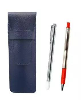 Grained leather pencil case blue Metal indicator stick and FB325 aluminum straight knock ballpoint pen set Red SASL-701S-FB325-R