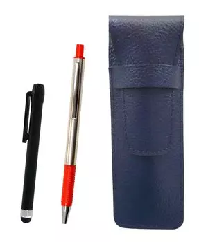Grained Leather Pencil Case Blue Metal Touch Bar Black and FB325 Aluminum Straight Knock Ballpoint Pen Set Red SASL-ALB-FB325-R