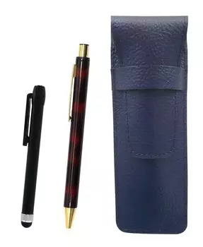 Grained leather pencil case blue metal touch stick black and NQ30 thick shaft metal straight knock ballpoint pen set marble SASL-ALB-NQ30B-M