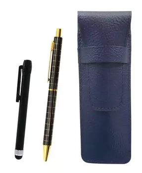 Grained leather pencil case blue Metal touch stick black and standard size metal straight knock double anodized black lattice ballpoint pen set Black