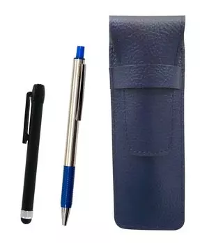Grained leather pencil case blue Metal touch rod black and FB325 aluminum straight knock ballpoint pen set Blue SASL-ALB-FB325-L
