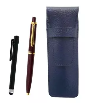 Grained leather pencil case blue metal touch rod black and euro style brass parts knock type ballpoint pen set red SASL-ALB-NXB-R