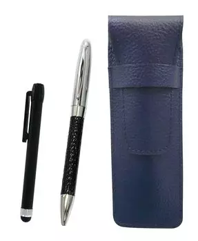Grained leather pencil case blue metal touch rod black and genuine leather wrapped rotating ballpoint pen director set black SASL-ALB-PD03-B
