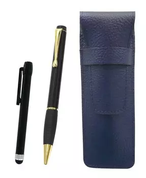 Grained leather pencil case blue metal touch stick black and midnight rubber rotating ballpoint pen set black SASL-ALB-T102BP-B