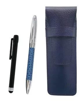 Grained leather pencil case blue metal touch bar black and genuine leather wrapped rotating ballpoint pen director set blue SASL-ALB-PD03-L