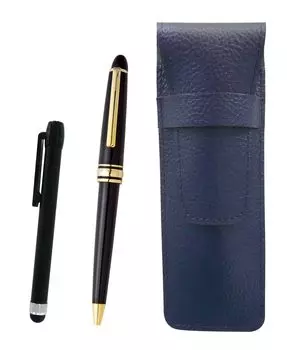 Grained leather pencil case blue metal touch rod black and metal ring cap sliding retro pen set SASL-ALB-8838B