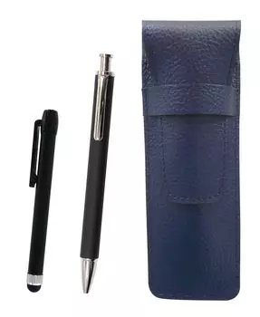 Grained leather pencil case blue metal touch bar black and extruded rubber shaft brass knock ballpoint pen set black SASL-ALB-HS301B