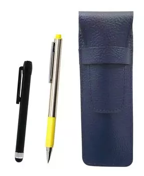 Grained leather pencil case blue Metal touch rod black and FB325 aluminum straight knock ballpoint pen set Yellow SASL-ALB-FB325-Y