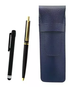 Grained leather pencil case blue metal touch stick black and AP300 1965 reprint knock type metal clip ballpoint pen set black SASL-ALB-AP300B-B
