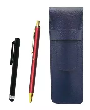 Grained Leather Pencil Case Blue Metal Touch Bar Black and NQ25 Standard Size Metal Straight Knock Double Anodized Ring Ballpoint Pen Set Red