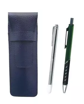 Grained leather pencil case blue with metal indicator stick and metal color ballpoint pen green SASL-701S-SI2067BP-G