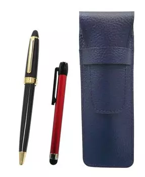 Grained Leather Pencil Case in Blue with Red Metal Touch Stick and Neo Ballpoint Pen Set in Black Two-Pack D-600 (SASL-ALR-600B-B-2)