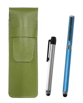 grained leather pencil case in with a silver metal touch pen and a blue ballpoint pen with smartphone touch function Two-pack yellow-green