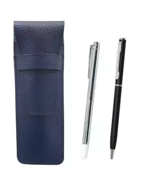 Grained leather pencil case metal indicator stick and slim rotary ballpoint pen black blue, set, SASL-701S-PD04-B
