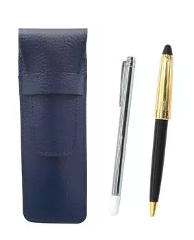 Grained leather pencil case metal indicator stick and Neo gold retro ballpoint pen black blue, D-800 processing, set, SASL-701S-800B-B
