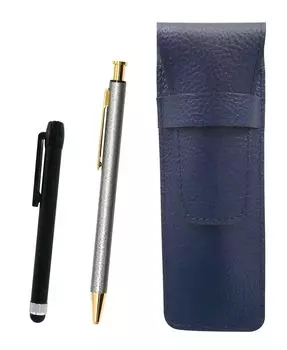 Grained leather pencil case metal touch bar black and all metal lizard knock type ballpoint pen gray blue, NQ26, painting, set, SASL-ALB-NQ26B-H