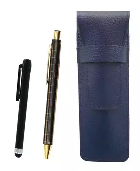 Grained leather pencil case metal touch stick black and thick shaft metal straight knock double anodized lattice ballpoint pen black blue, NQ30K, set,