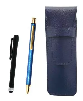 Grained leather pencil case metal touch stick black and all metal lizard knock type ballpoint pen blue blue, NQ26, painting, set, SASL-ALB-NQ26B-L