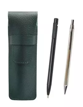 Grained Leather Pencil Case Moss Green Extra Fine Knock Type Eraser Black and Z66 Whole Body Silver Hexagonal Knock Metal Mechanical Pencil Set 2-Pack