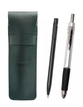 Grained Leather Pencil Case Moss Green Extra Fine Knock Eraser Black and Triangle 3 Mechanical Rubber Silver Set 2-Pack SASMGER15B-TR3MS-2
