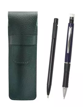 Grained Leather Pencil Case Moss Green Extra Fine Knock Type Eraser Black and Metal Point Mechanical Pencil Blue 2-Pack SASMGER15B-WZ13SP-L-2