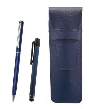 Grained Leather Pencil Case with Blue Metallic Touch Stick and Slim Rotating Ballpoint Pen Set Two-Pack (Blue SASL-ALL-PD04-L-2)