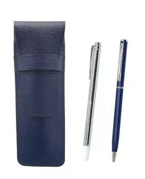 Grained Leather Pencil Case with Metal Pointer and Slim Rotating Ballpoint Pen Set Two-Pack (Blue) SASL-701S-PD04-L-2